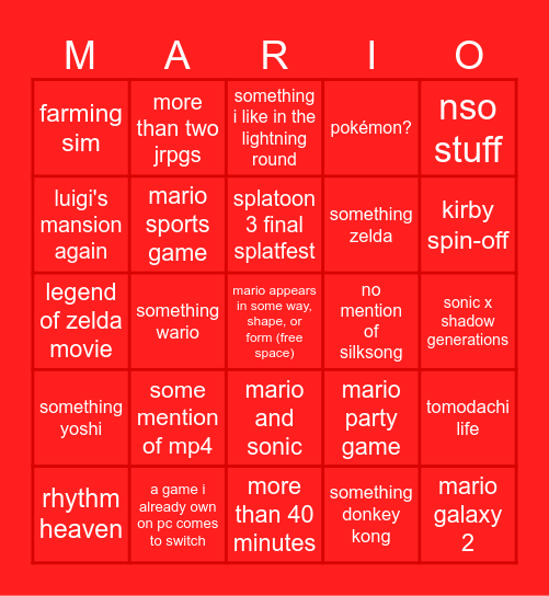 6/17/24 nintendo direct Bingo Card