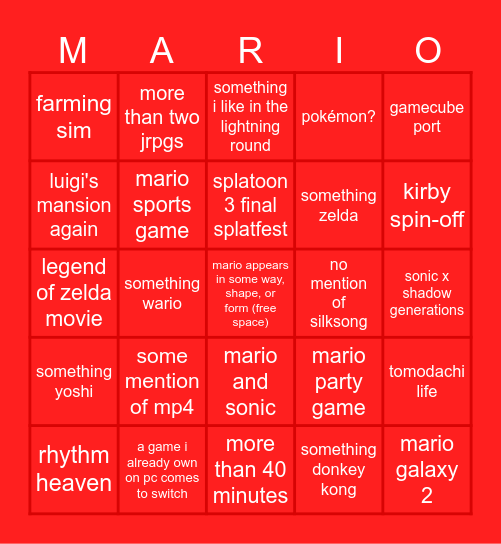 6/17/24 nintendo direct Bingo Card