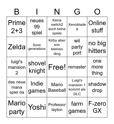 Nintendo Direct Bingo Card