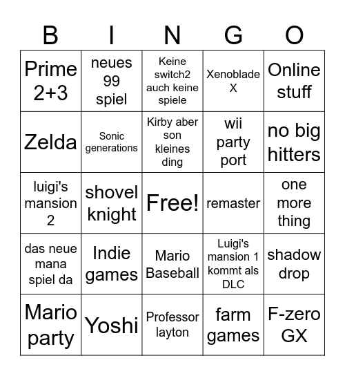 Nintendo Direct Bingo Card