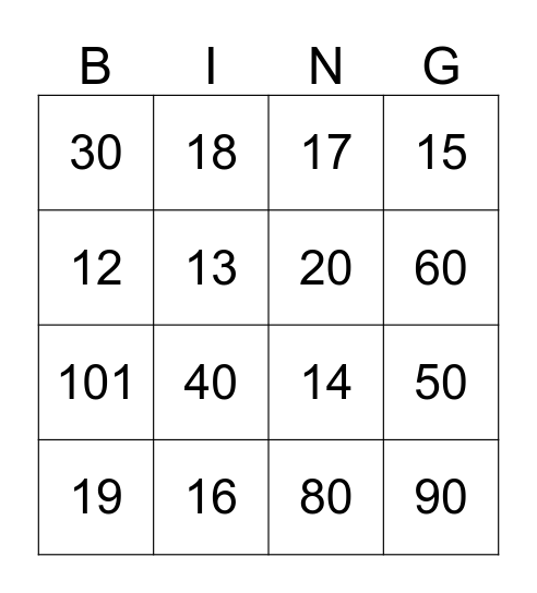 Number Bingo Card