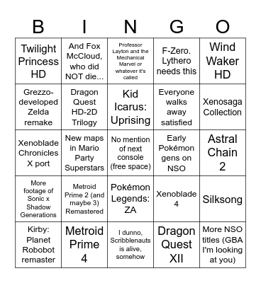 Josh's "Too Good to Be True" Nintendo Direct Bingo Card