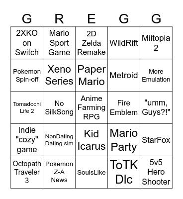 Nintendo Direct Bingo Card