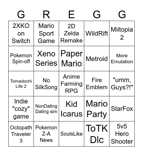 Nintendo Direct Bingo Card