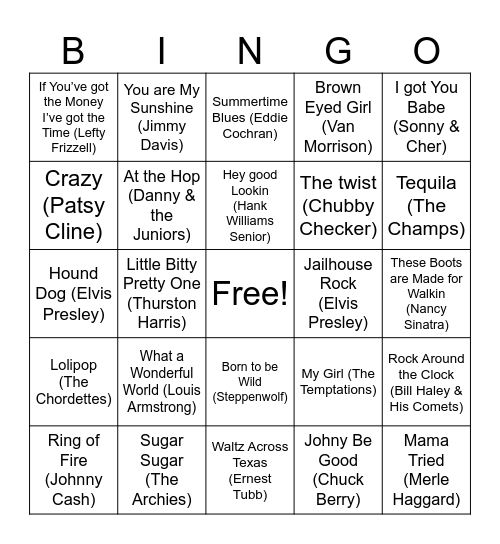 50s/60s Songs Bingo Card
