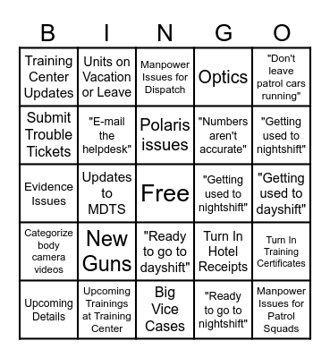 MPD CompStat Bingo Card