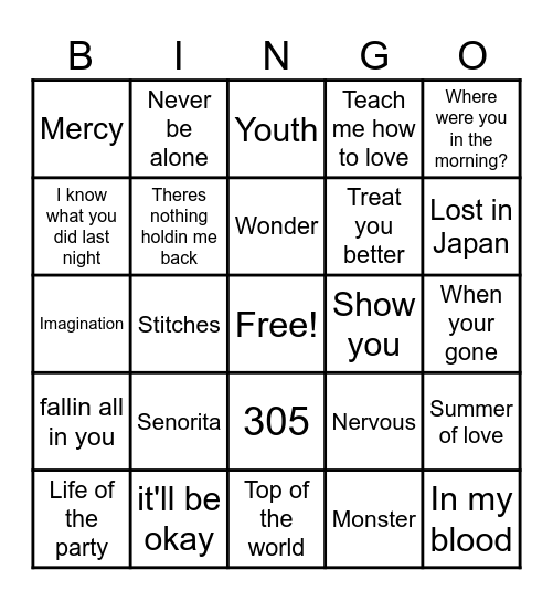 Shawn Mendes Bingo Card