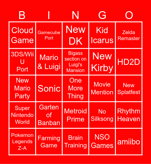 Nintendo Direct Bingo 18/6/24 Bingo Card