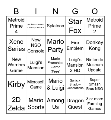 Nintendo Direct Bingo Card