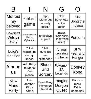 Nintendo Direct Bingo Card