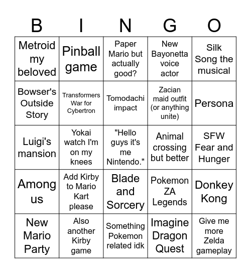 Nintendo Direct Bingo Card