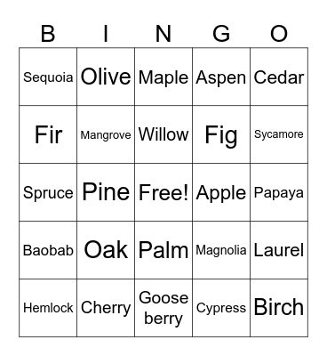 Trees Summer Bingo Card