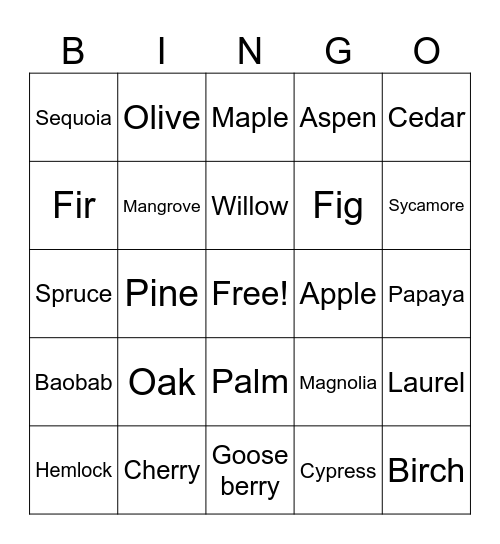 Trees Summer Bingo Card