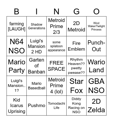 Nintendo Direct Bingo Card