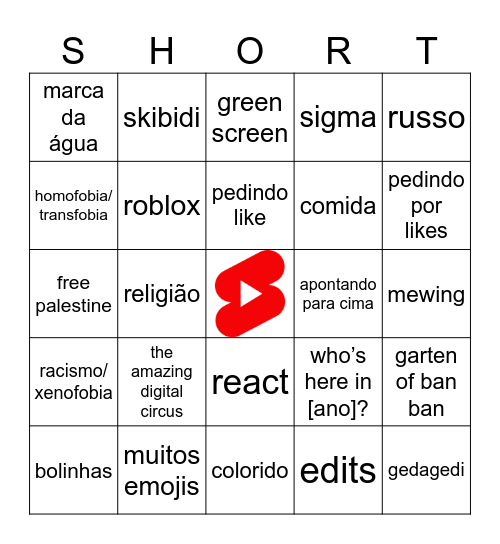 youtube shorts Bingo Card