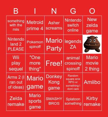 Nintendo Direct Bingo Card