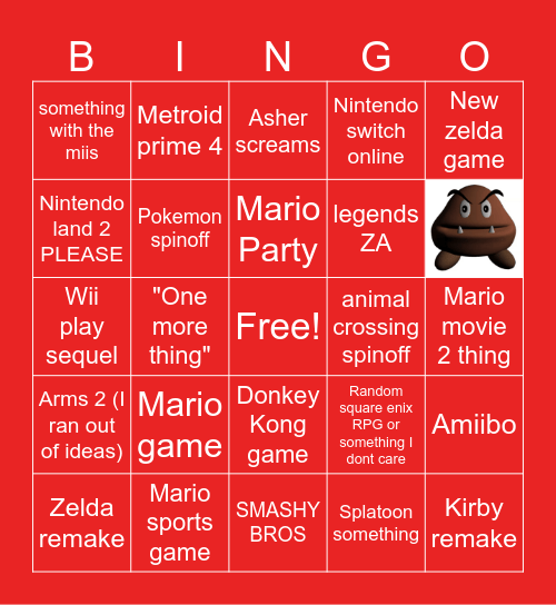 Nintendo Direct Bingo Card