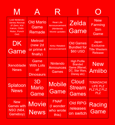 Nintendo Direct 18/6/24 Bingo Card