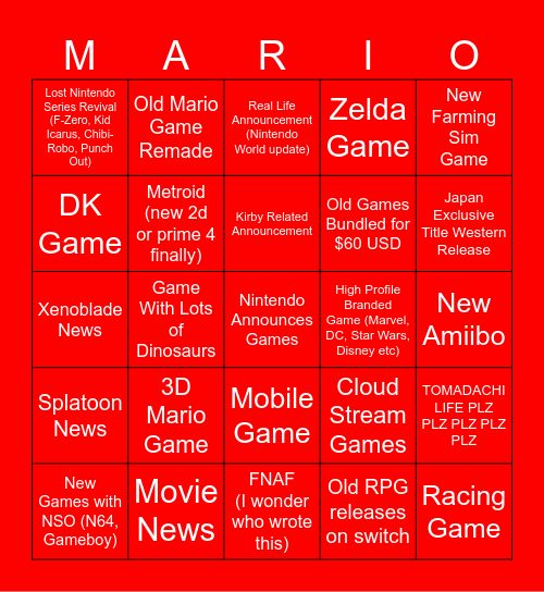 Nintendo Direct 18/6/24 Bingo Card