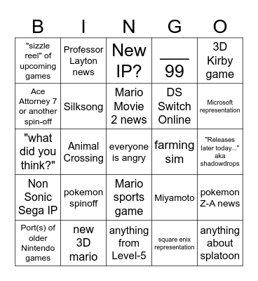 Nintendo Direct, 18 June 2024 Bingo Card