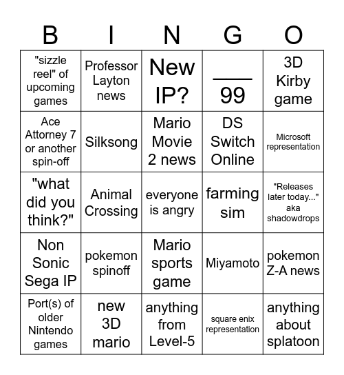Nintendo Direct, 18 June 2024 Bingo Card