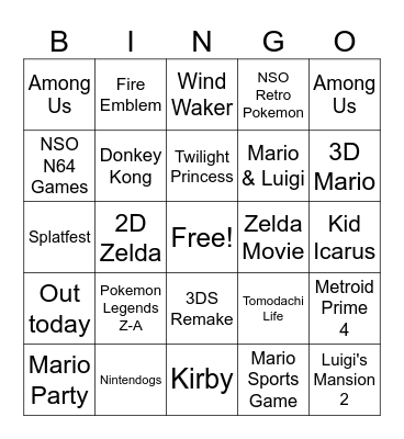 Nintendo Direct Bingo Card