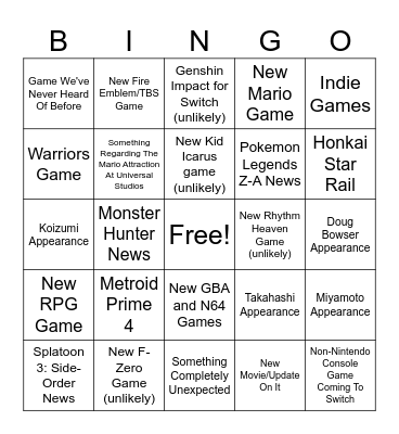 Nintendo Direct 6.18.2024 Bingo Card