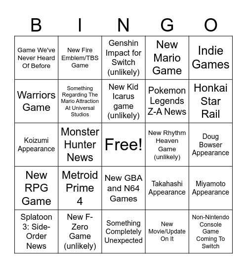 Nintendo Direct 6.18.2024 Bingo Card