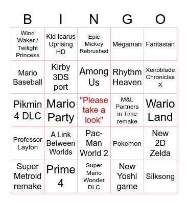 June 2024 Nintendo Direct Bingo Card