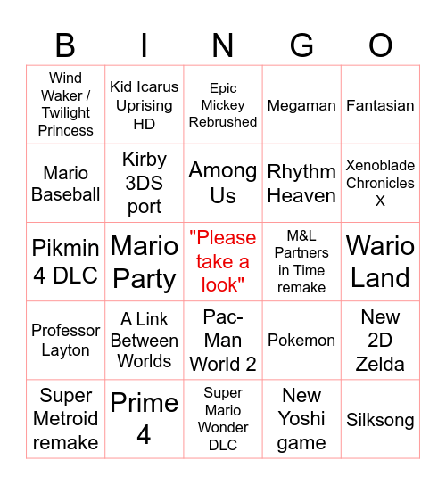 June 2024 Nintendo Direct Bingo Card