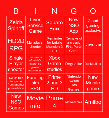 Nintendo Direct Bingo Card