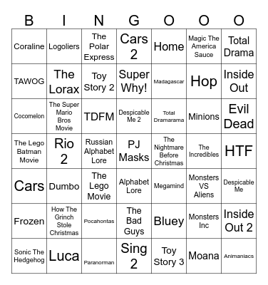 1 Second From 49 Random Animated Movies & TV Shows Bingo Card