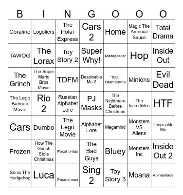 1 Second From 49 Random Animated Movies & TV Shows Bingo Card