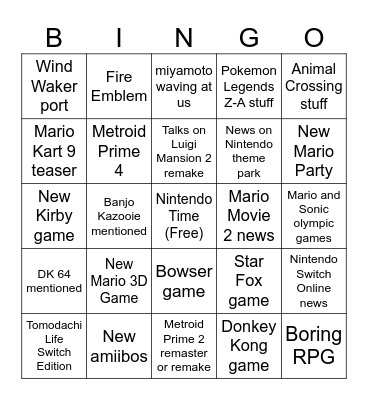 Nintendo Direct June 18th 2024 Bingo Card