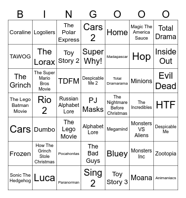 1 Second From 49 Random Animated Movies & TV Shows Bingo Card