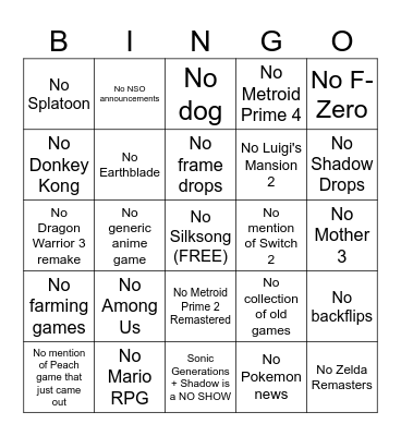 Nintendo Direct Bingo Card