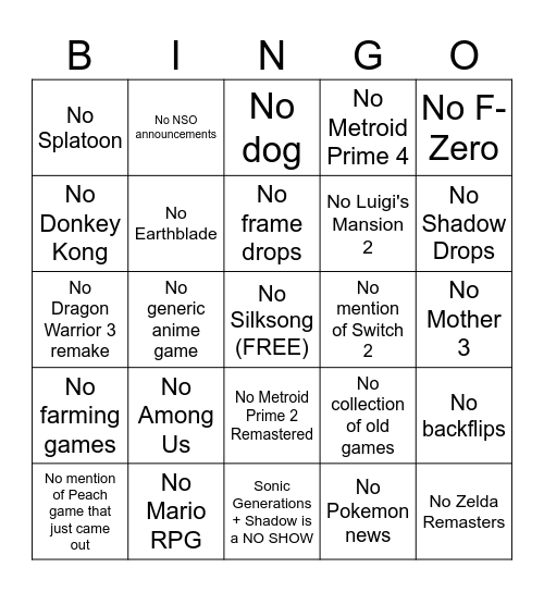 Nintendo Direct Bingo Card