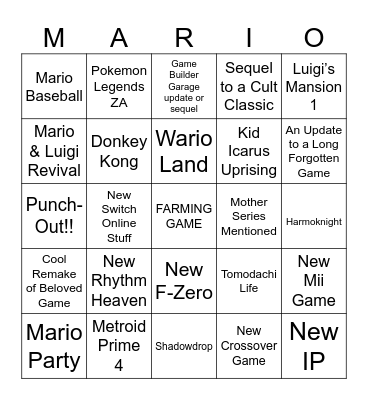 Nintendo Direct Bingo Card