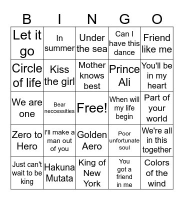 Disney Music Bingo  Bingo Card
