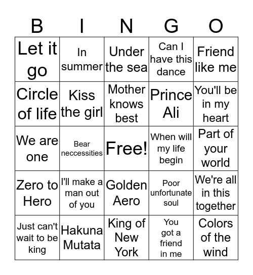 Disney Music Bingo  Bingo Card