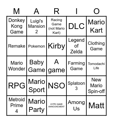 Nintendo Direct 6/18/24 Bingo Card