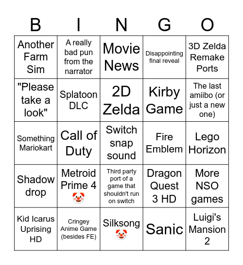 🤡 Nintendo Direct Bingo Card