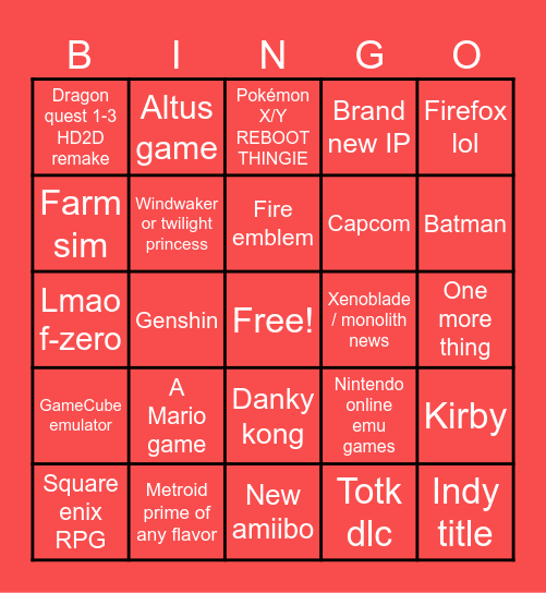 Nintendo direct clown card Bingo Card