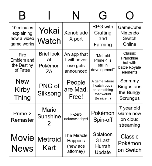 Nintendo Switch Bingo Card