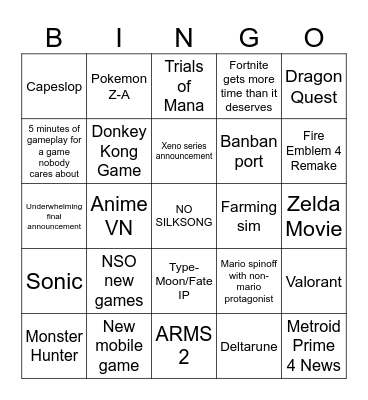 Nintendo Direct Bingo Card