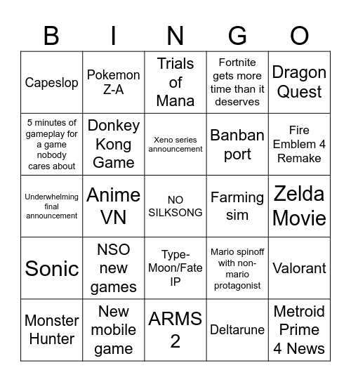 Nintendo Direct Bingo Card