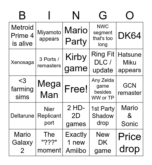 Nintendo Direct 6/18/24 Bingo Card