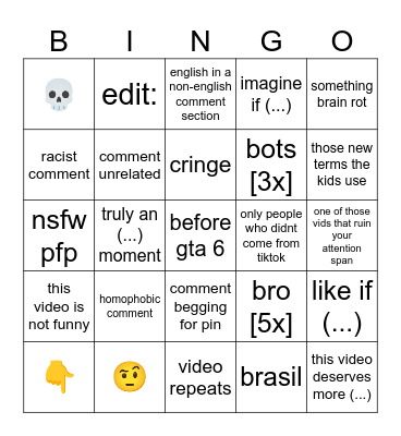 yt shorts (comments + videos) Bingo Card