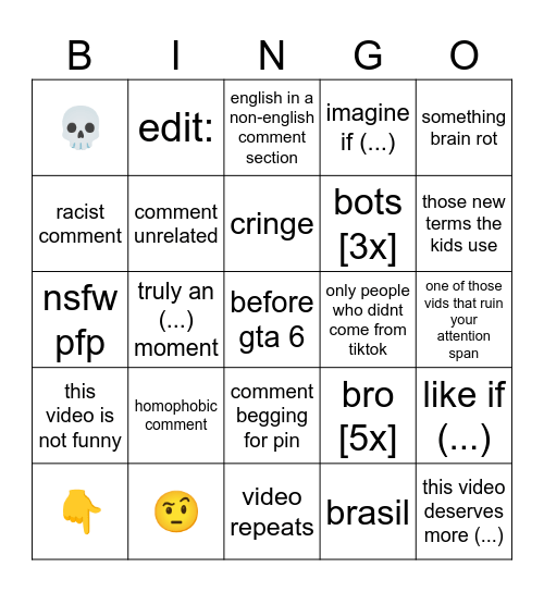 yt shorts (comments + videos) Bingo Card