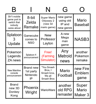 Starlaxi's Nintendo Direct Prediction List Bingo Card